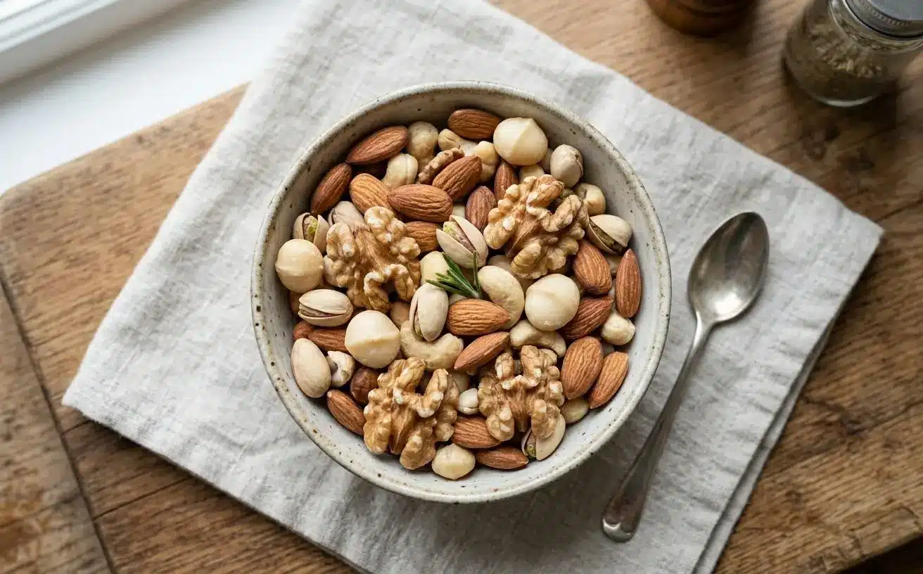 Mixed nuts including almonds and walnuts for healthy fats